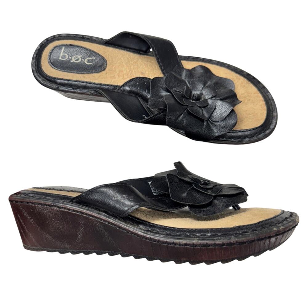 BOC Black Faux Leather Flower Wedge Sandals Womens 7 Beachy Casual Slip On